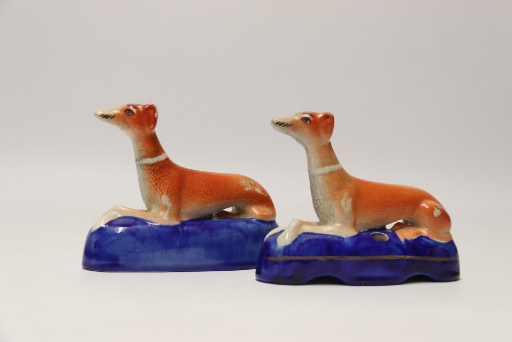 A pair of English Staffordshire Pottery Grey Hound Dogs. Mid 19th C View VIII