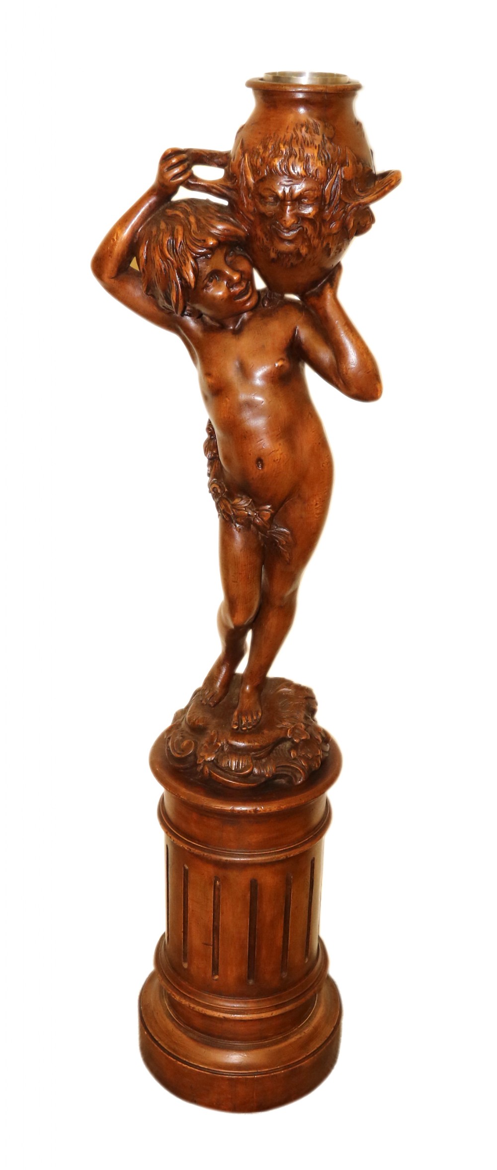 Antique 19 C Carved study of Semi nude Mythical Boy standing on a fluted pedestal  