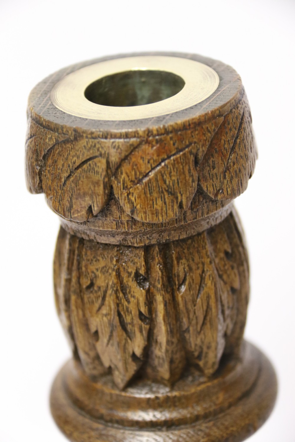 A fine pair of English Victorian Carved Oak Gothic Revival Candlesticks. View V