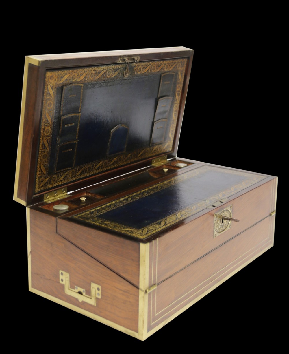 A superb early 19th C gentleman’s brass mounted Campaign Writing Box