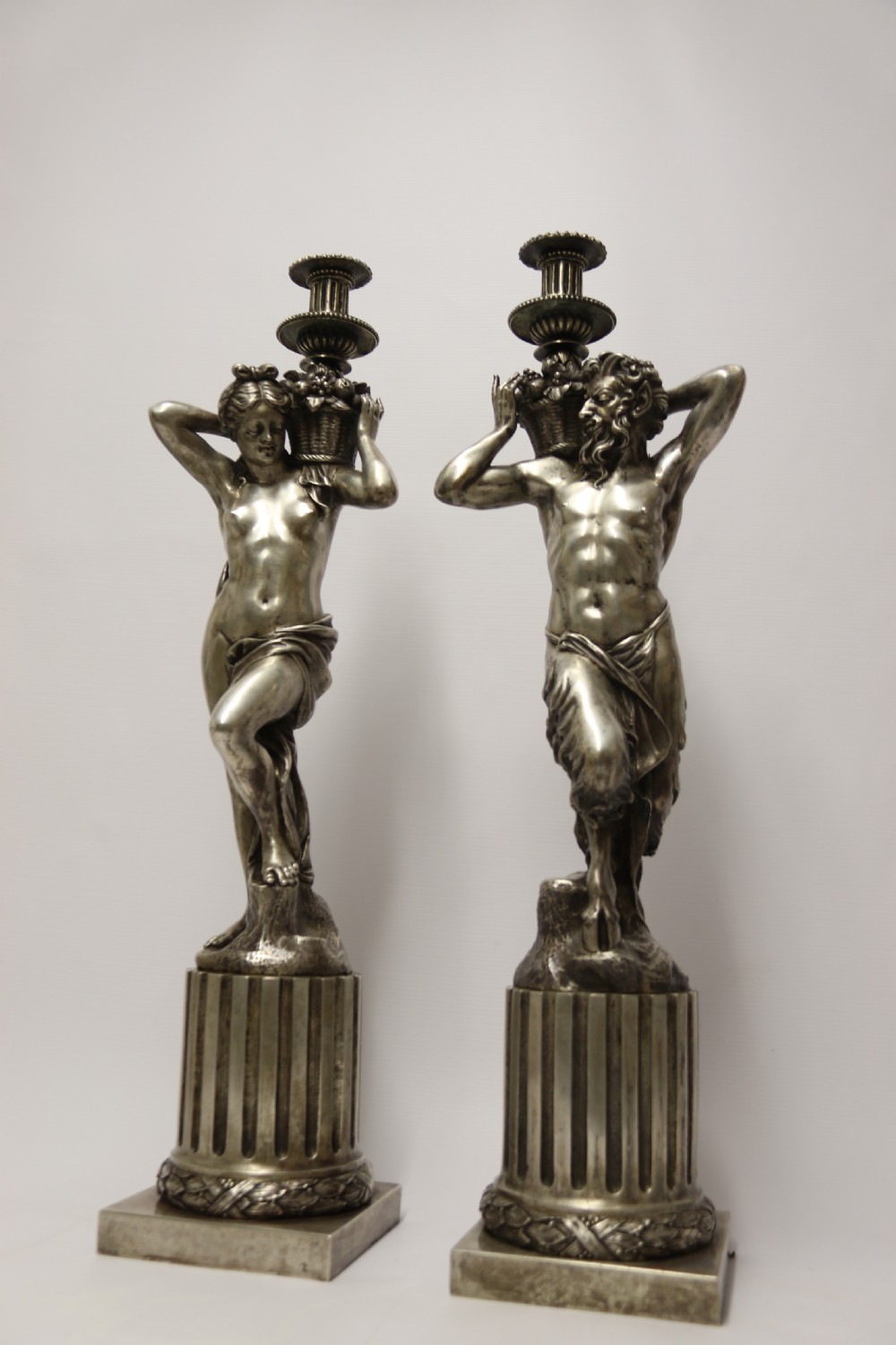 A Large pair of  19th c silvered bronze classical figurative candlesticks View XIV