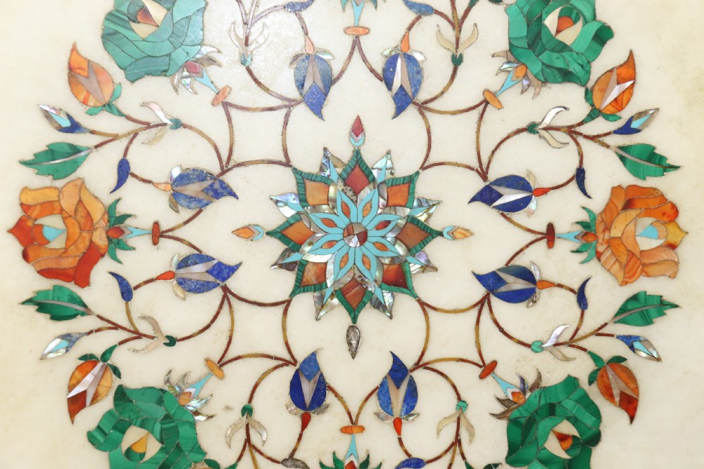 Indian white marble Table Top inlaid with semi precious cut stones, C 1900 View IX