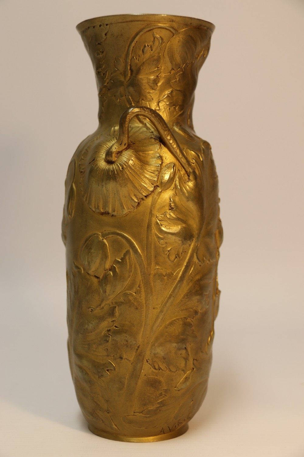 French gilt bronze vase decorated with poppies, C 1890, signed A Vibert  View II