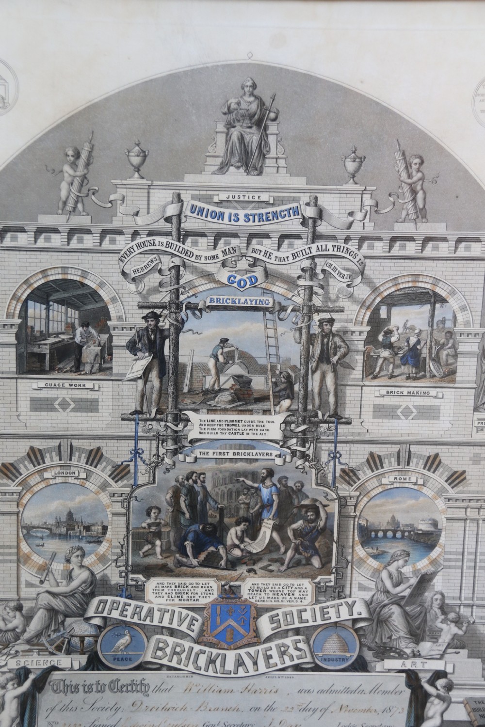 A rare Victorian original framed master builders “ Society of Bricklayers” certificate View II