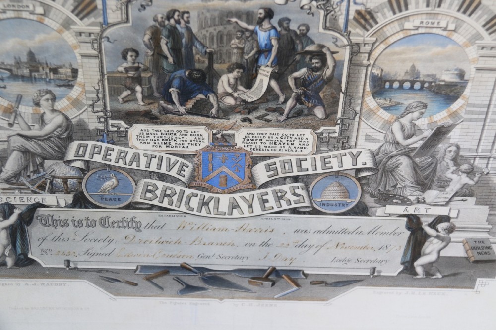 A rare Victorian original framed master builders “ Society of Bricklayers” certificate View VIII