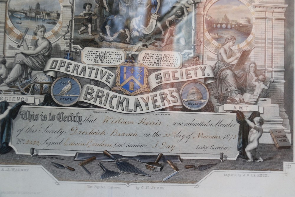 A rare Victorian original framed master builders “ Society of Bricklayers” certificate View IX