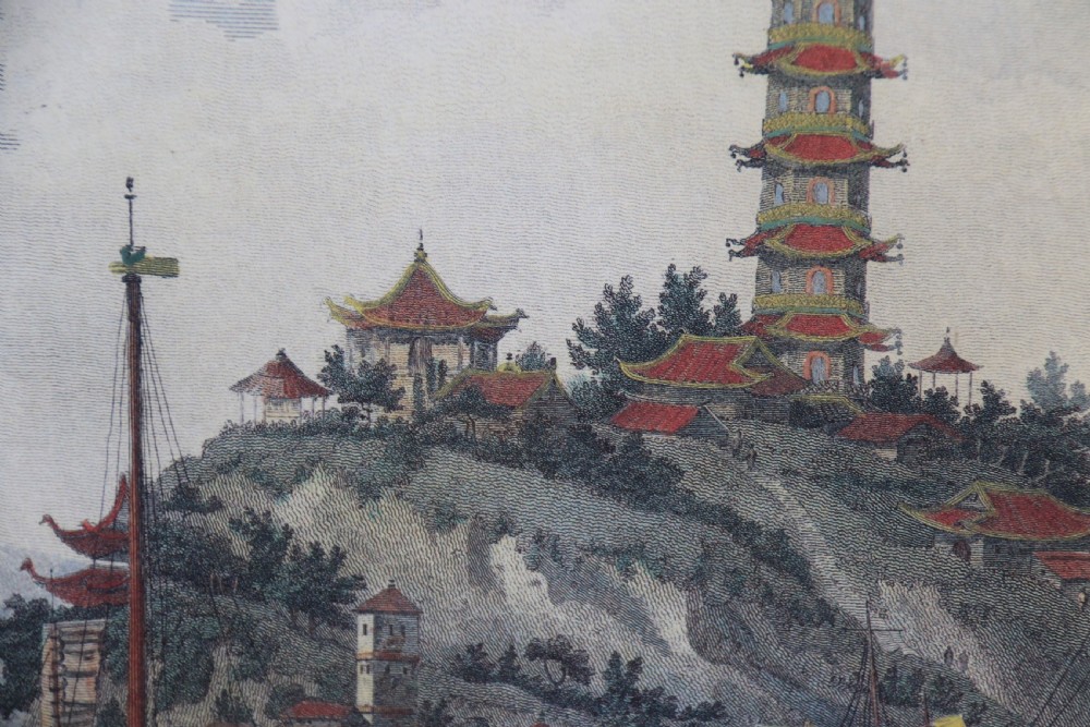 A decorative pair of coloured prints showing early views of China View IX