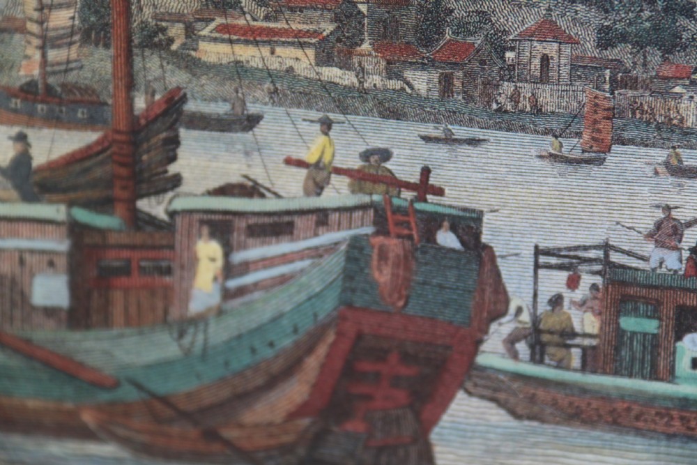 A decorative pair of coloured prints showing early views of China View XIII
