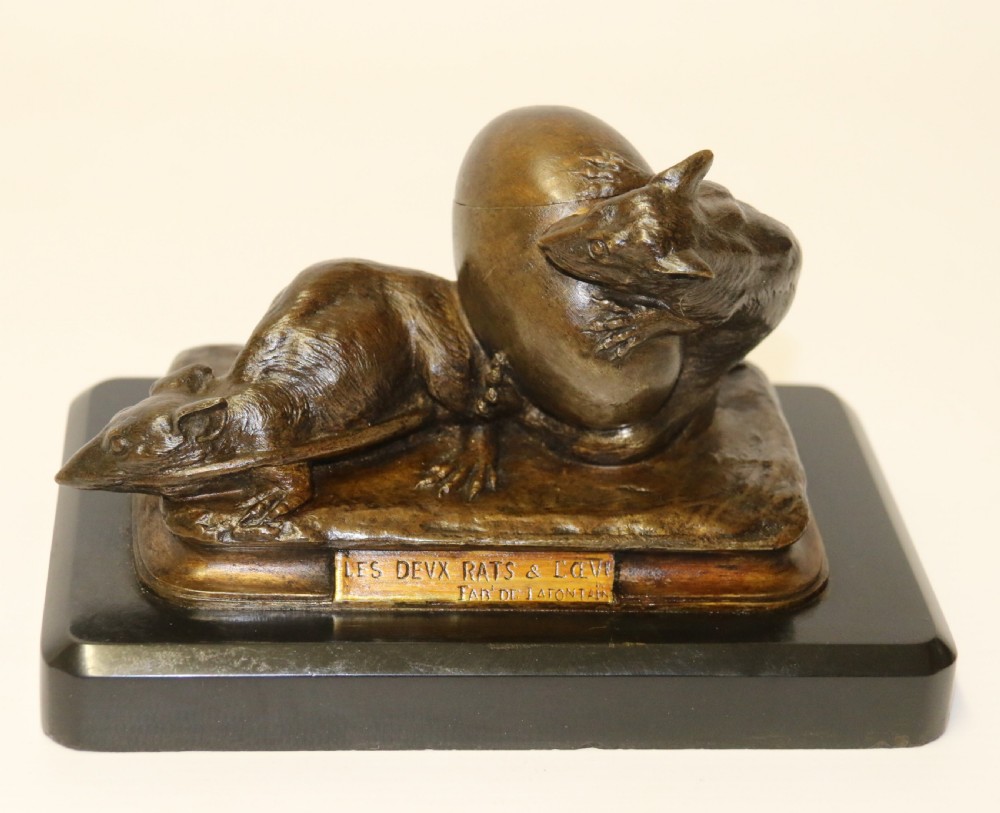 A fine 19th century French bronze Ink stand of two rats and an egg