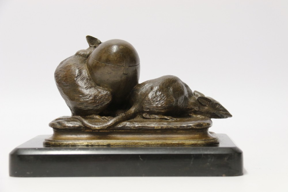 A fine 19th century French bronze Ink stand of two rats and an egg View II