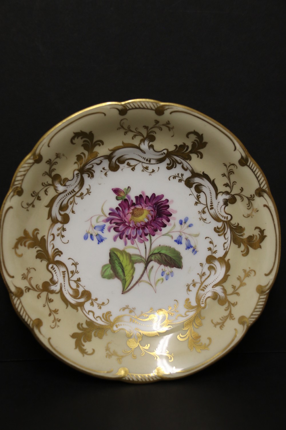 An early nineteenth-century Davenport porcelain cabinet trio comprising a teacup, coffee cup, and matching saucer decorated with hand-painted botanical flowers and gilded scrolling borders. View II