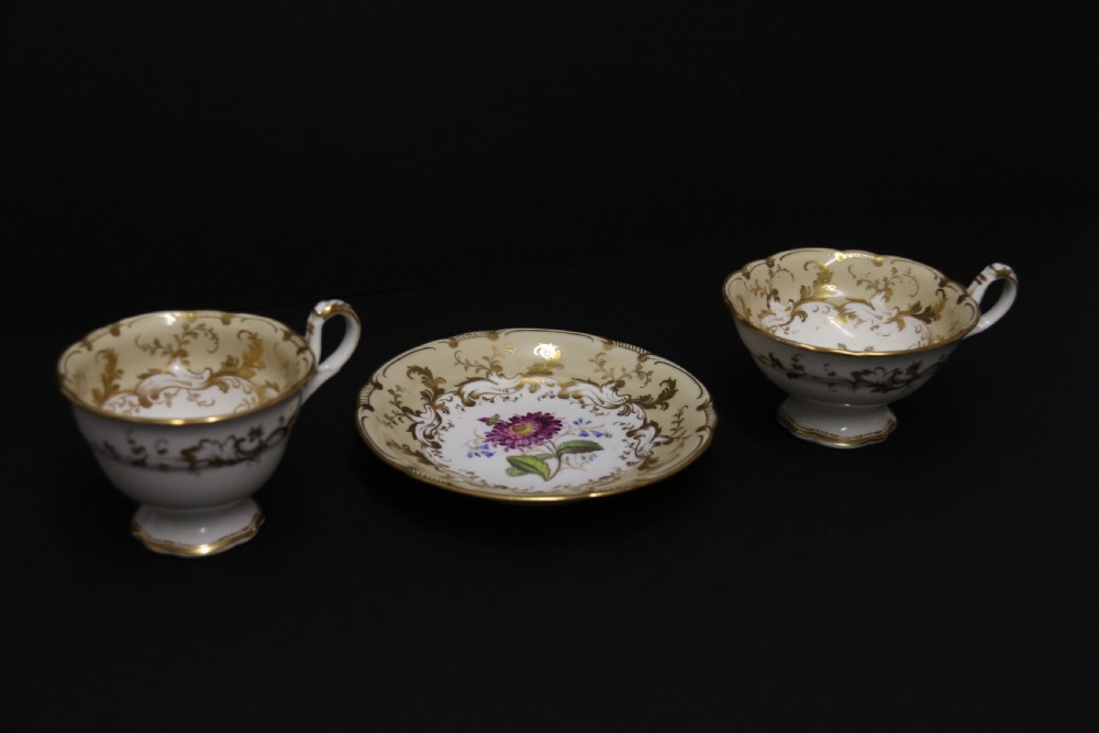 An early nineteenth-century Davenport porcelain cabinet trio comprising a teacup, coffee cup, and matching saucer decorated with hand-painted botanical flowers and gilded scrolling borders. View XIV