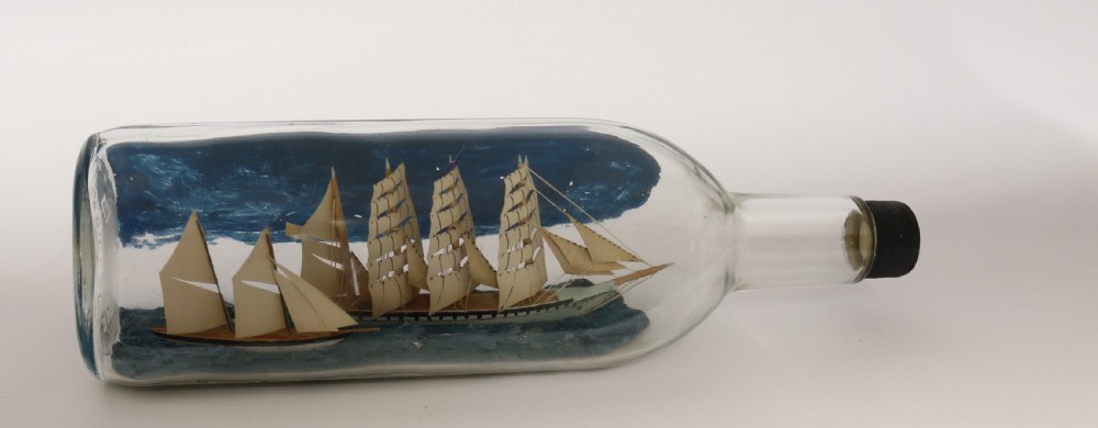 A fine folk art diorama with twin ships in a bottle, c 1930 View IX