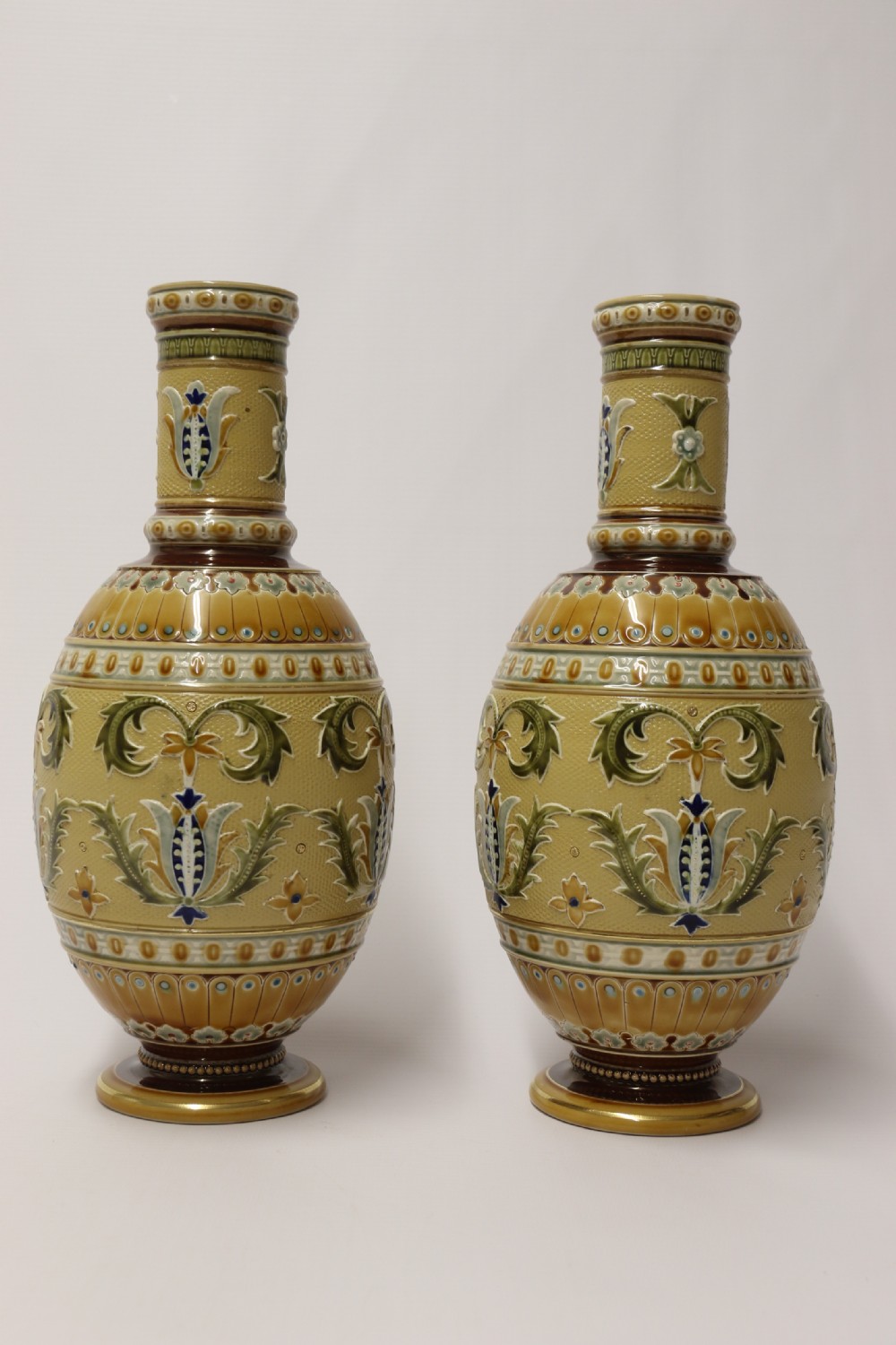 A superb pair of late 19th C German Mettlach Pottery vases