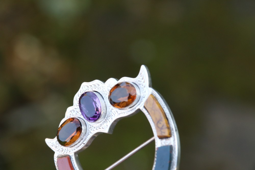 An antique Victorian Scottish silver agate Cairngorm and amethyst broach View VI