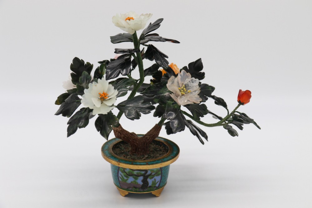 superb Chinese carved hardstone and cloisonne model of a potted peony tree View II