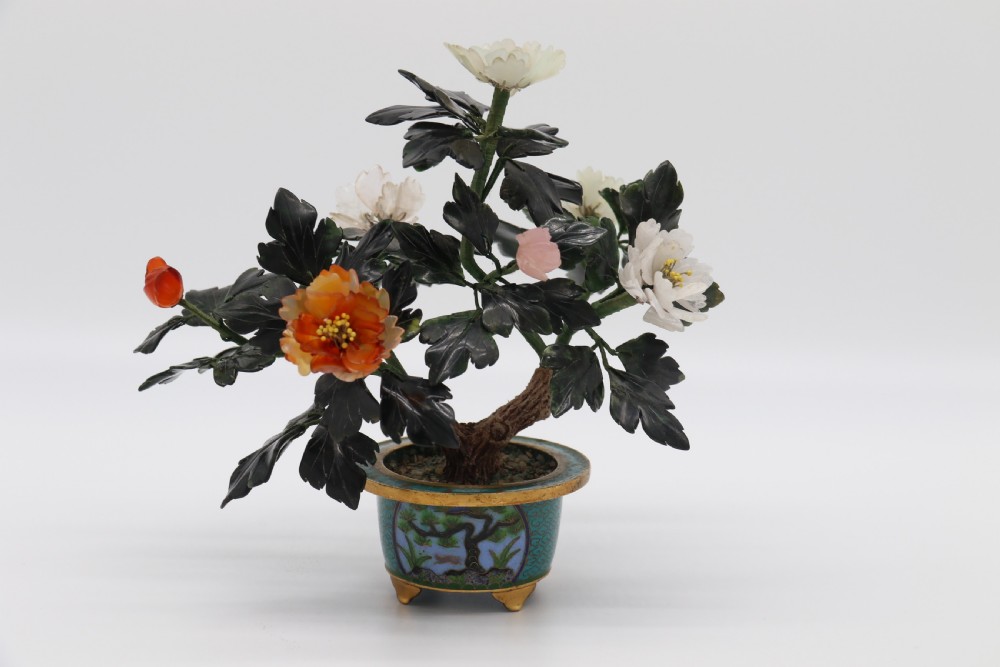 superb Chinese carved hardstone and cloisonne model of a potted peony tree View III