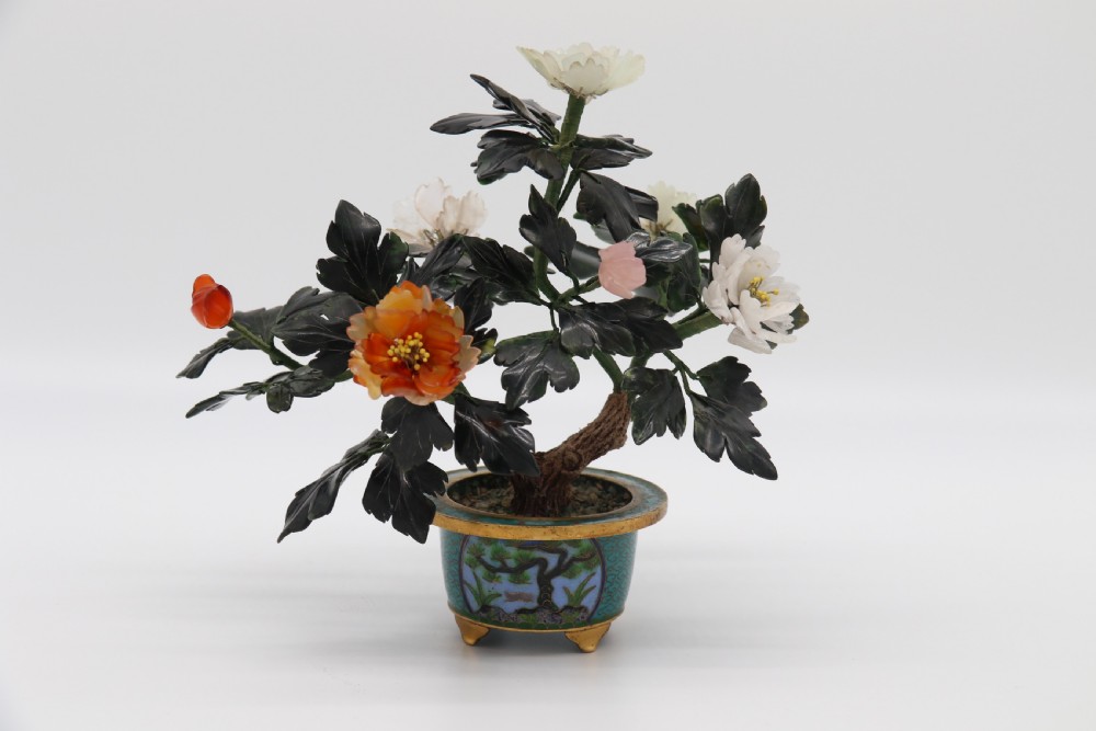 superb Chinese carved hardstone and cloisonne model of a potted peony tree View V