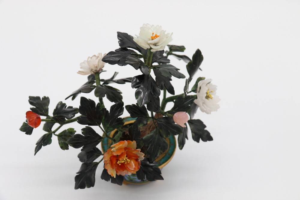 superb Chinese carved hardstone and cloisonne model of a potted peony tree View VI