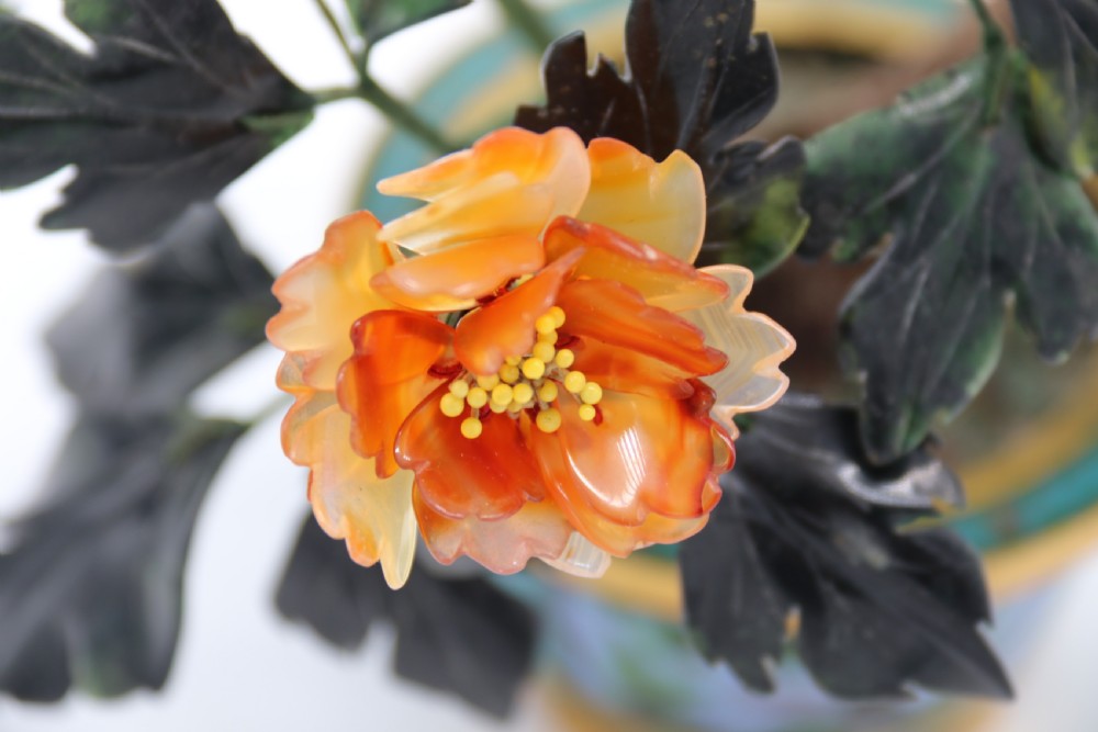 superb Chinese carved hardstone and cloisonne model of a potted peony tree View IX