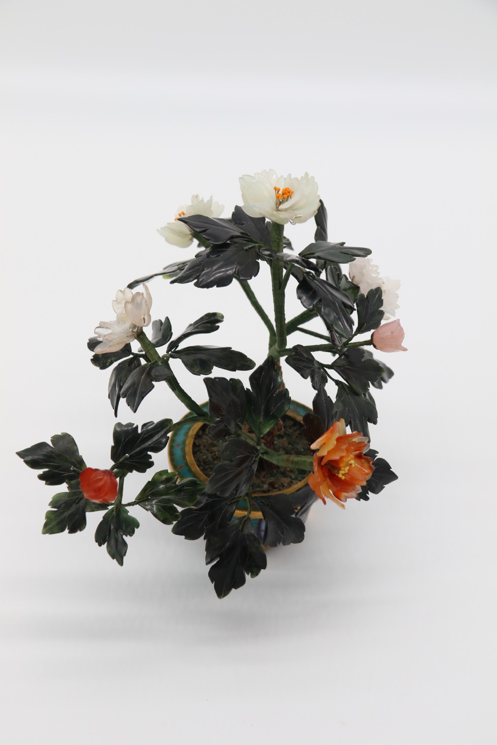 superb Chinese carved hardstone and cloisonne model of a potted peony tree View XI