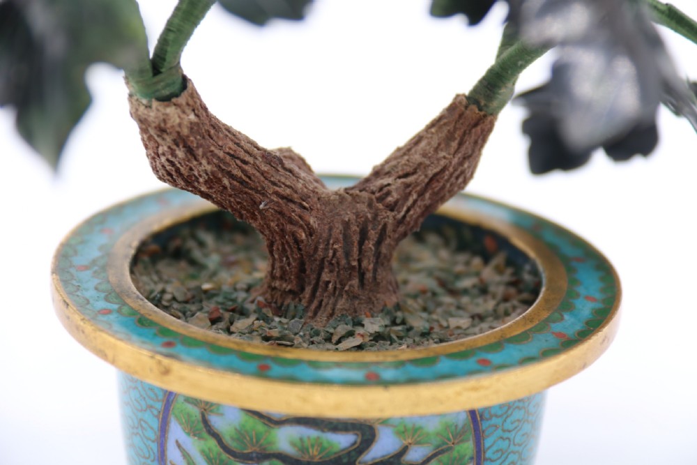 superb Chinese carved hardstone and cloisonne model of a potted peony tree View XII