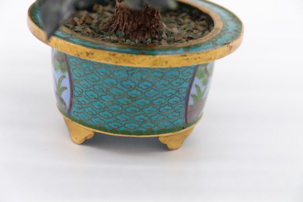 superb Chinese carved hardstone and cloisonne model of a potted peony tree View XIII