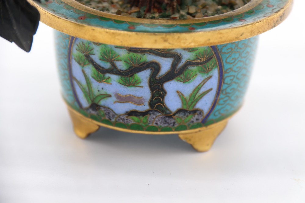 superb Chinese carved hardstone and cloisonne model of a potted peony tree View XIV