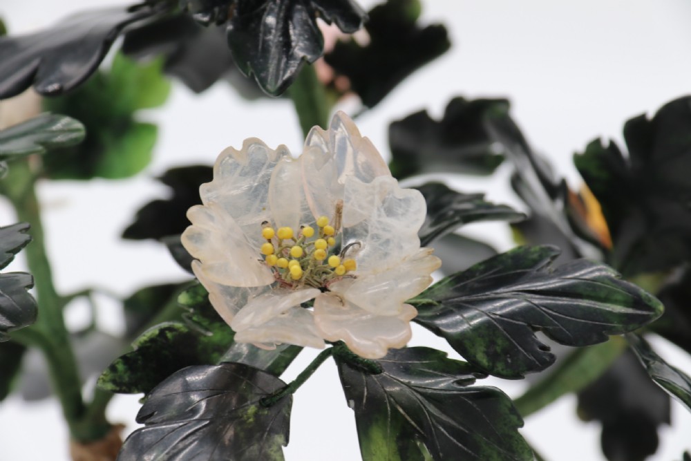 superb Chinese carved hardstone and cloisonne model of a potted peony tree View XV