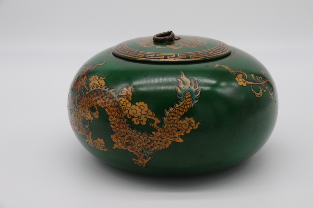 A decorative Chinese papier mache lacquered and hand painted lidded pot 

 View II