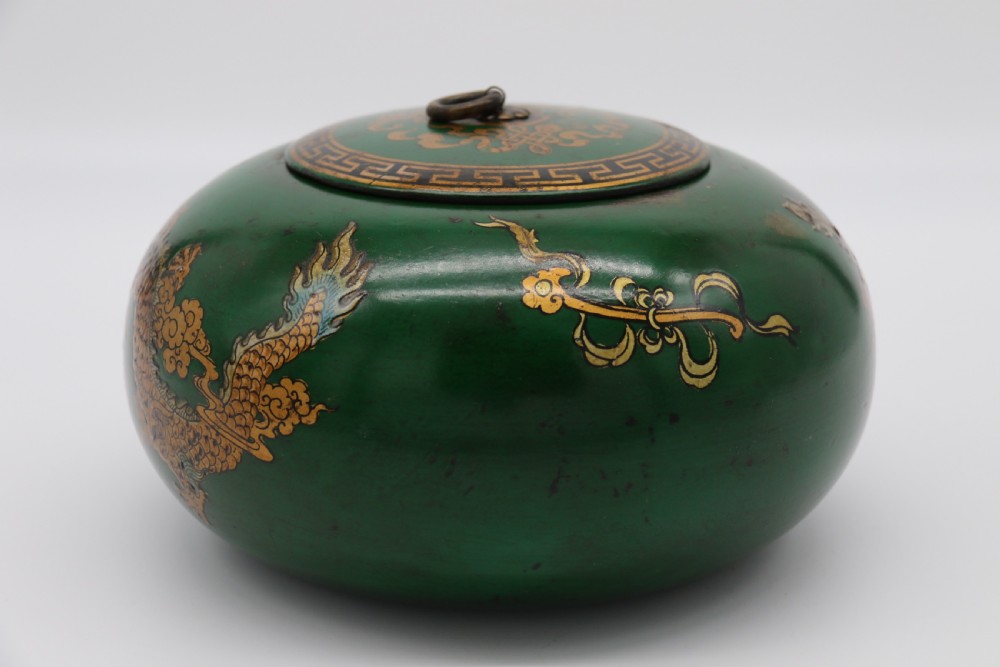 A decorative Chinese papier mache lacquered and hand painted lidded pot 

 View III