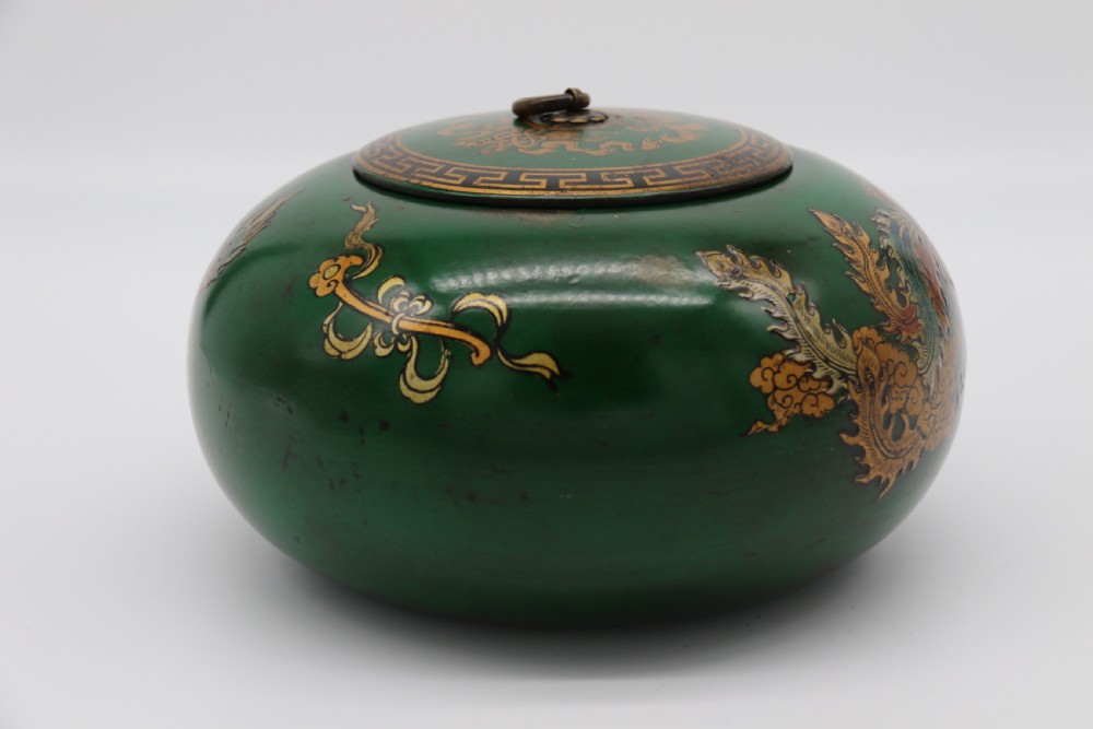 A decorative Chinese papier mache lacquered and hand painted lidded pot 

 View IV