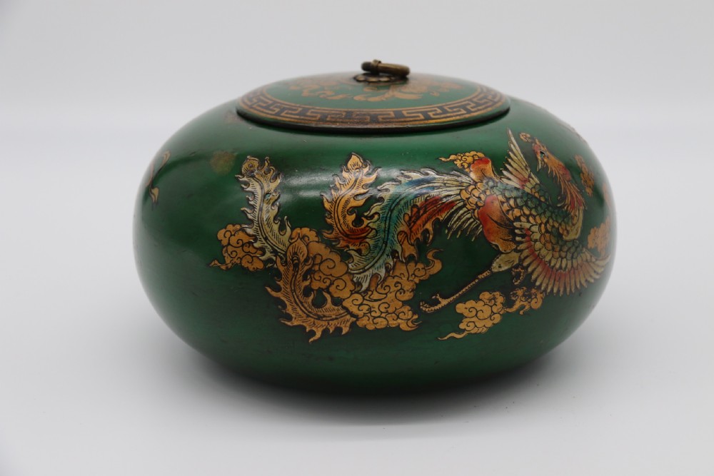 A decorative Chinese papier mache lacquered and hand painted lidded pot 

 View VI