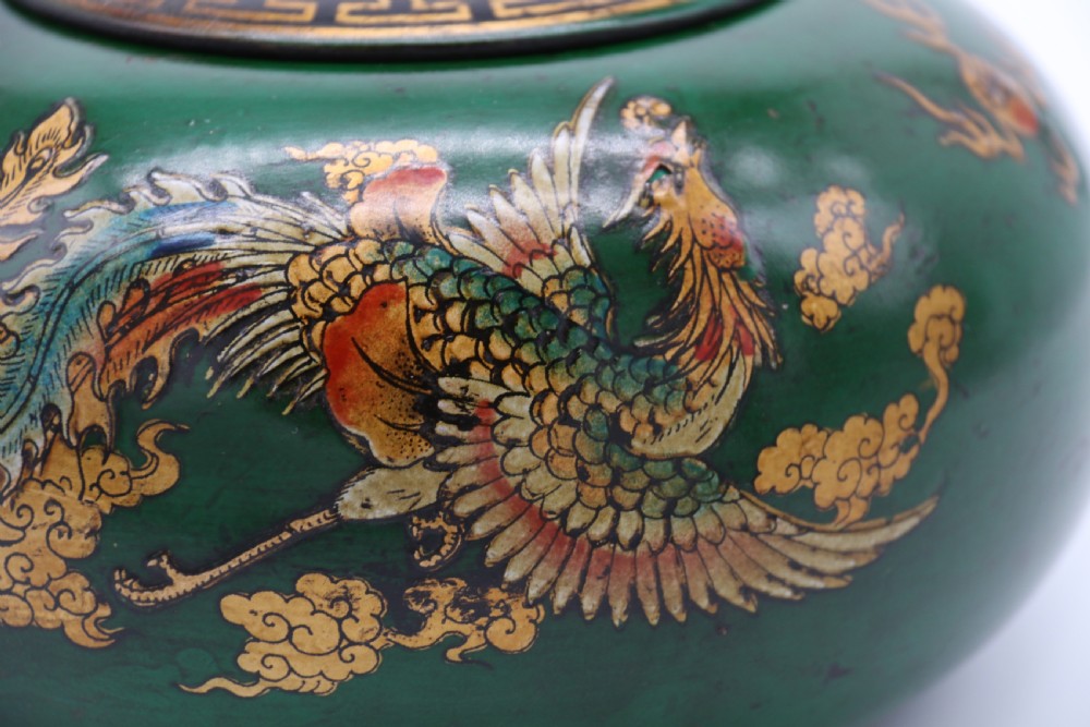 A decorative Chinese papier mache lacquered and hand painted lidded pot 

 View VII