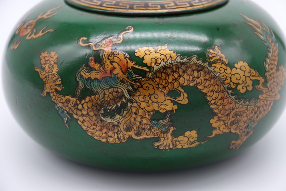 A decorative Chinese papier mache lacquered and hand painted lidded pot 

 View VIII