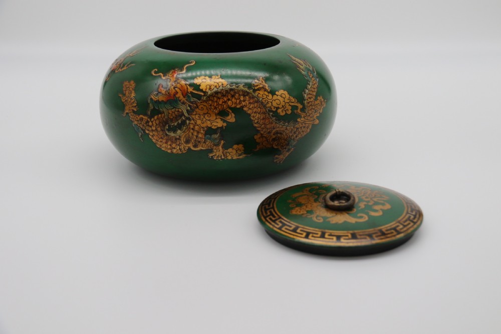 A decorative Chinese papier mache lacquered and hand painted lidded pot 

 View IX
