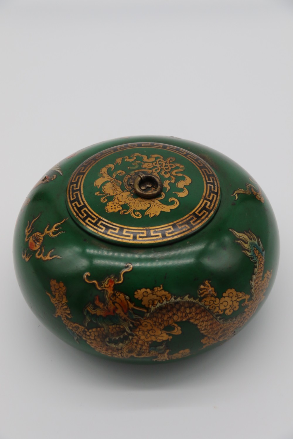 A decorative Chinese papier mache lacquered and hand painted lidded pot 

 View XIII