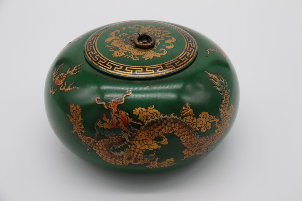 A decorative Chinese papier mache lacquered and hand painted lidded pot 

 View XIV