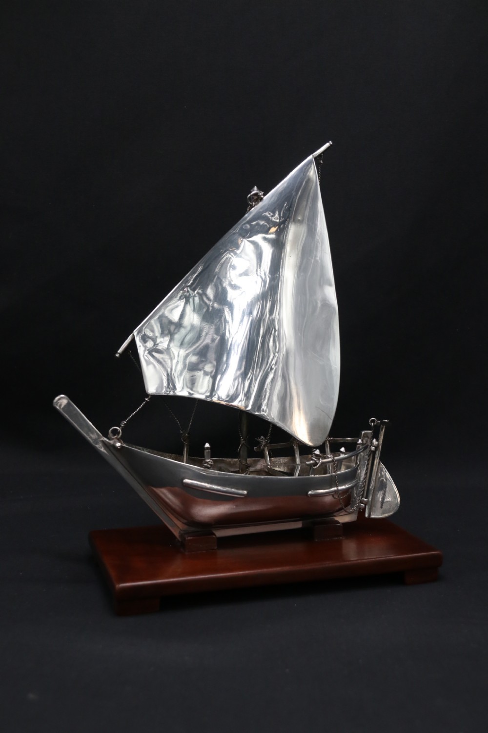 A finely made scale model of a Middle Eastern sailing boat in silver View II