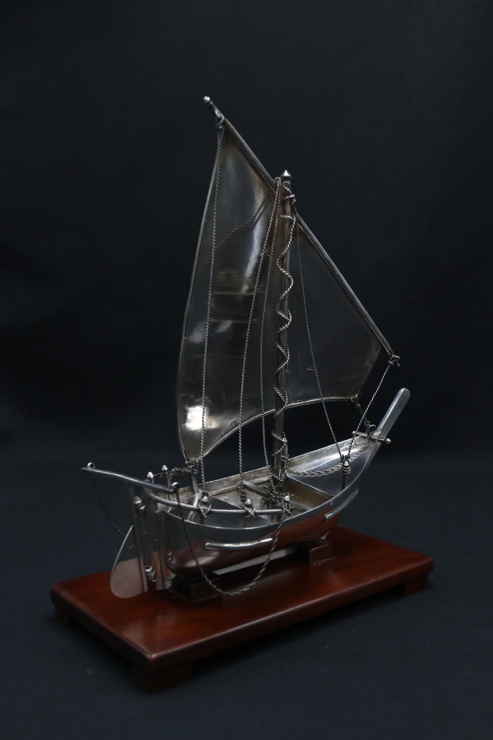 A finely made scale model of a Middle Eastern sailing boat in silver View VI