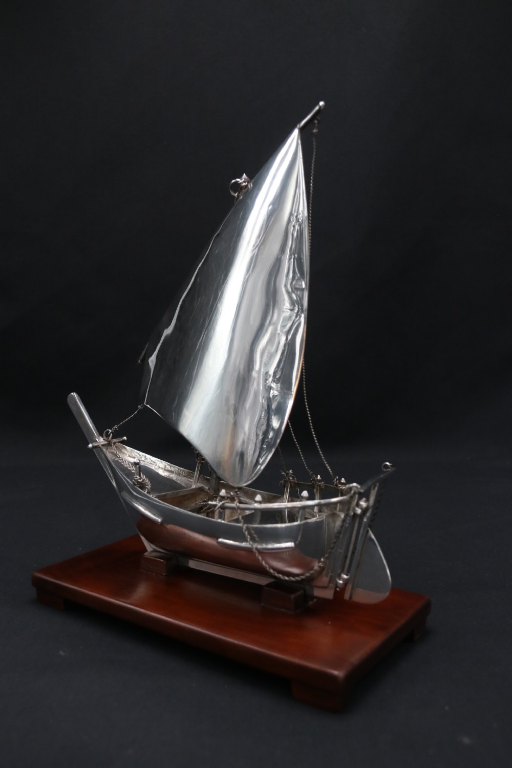 A finely made scale model of a Middle Eastern sailing boat in silver View VIII