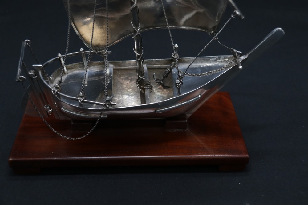 A finely made scale model of a Middle Eastern sailing boat in silver View XI