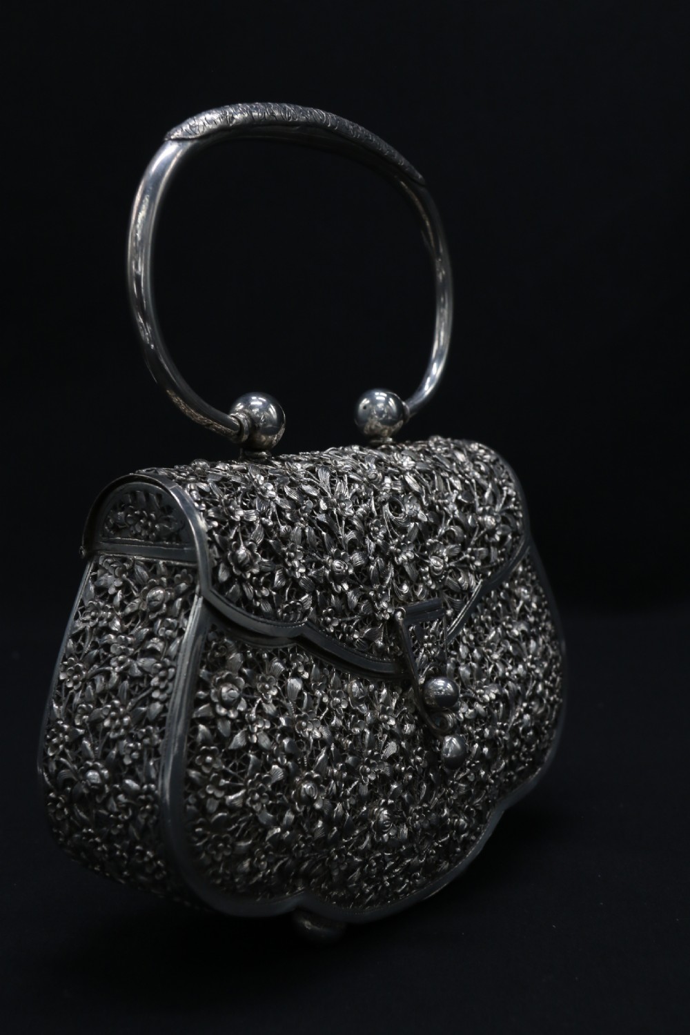 A decorative Chinese hand decorated copper and silver plated handbag, circa 1910 