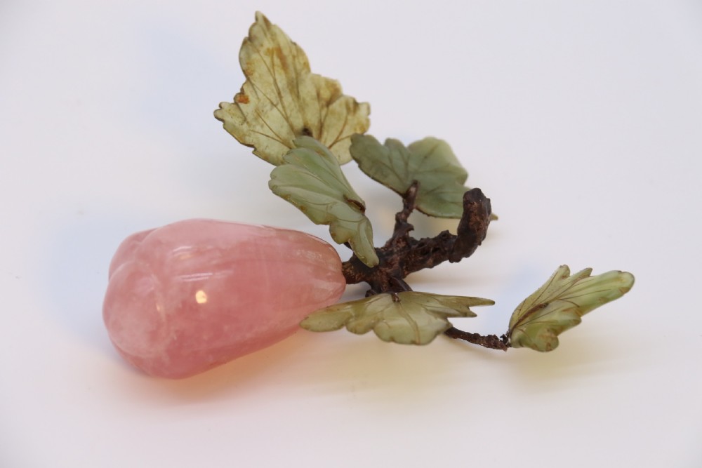 A Chinese hardstone collection of fruit together with a carved alabaster leaf dish View XIV