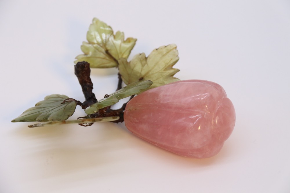 A Chinese hardstone collection of fruit together with a carved alabaster leaf dish View XV