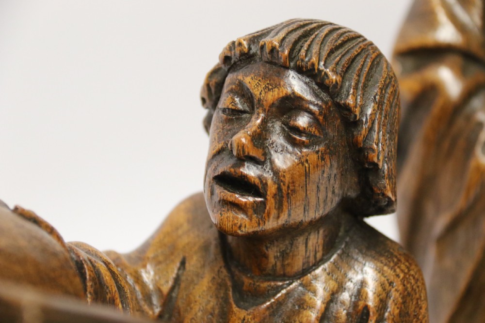 A Fine 19th century Arts and Crafts carved oak figure group of three monks. View VIII