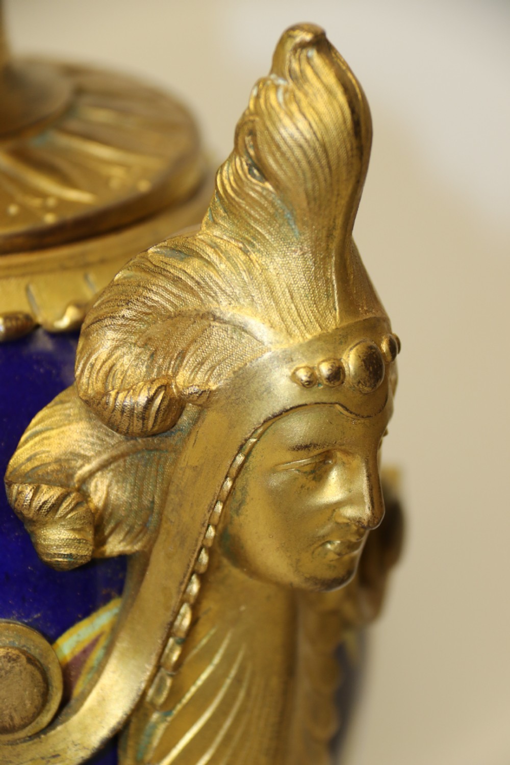 A superb pair of gilt bronze and pottery Aztec design vases/ urns View XV