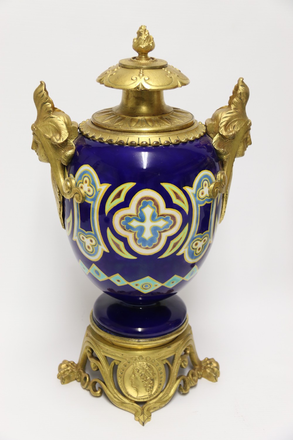 A superb pair of gilt bronze and pottery Aztec design vases/ urns View XVII
