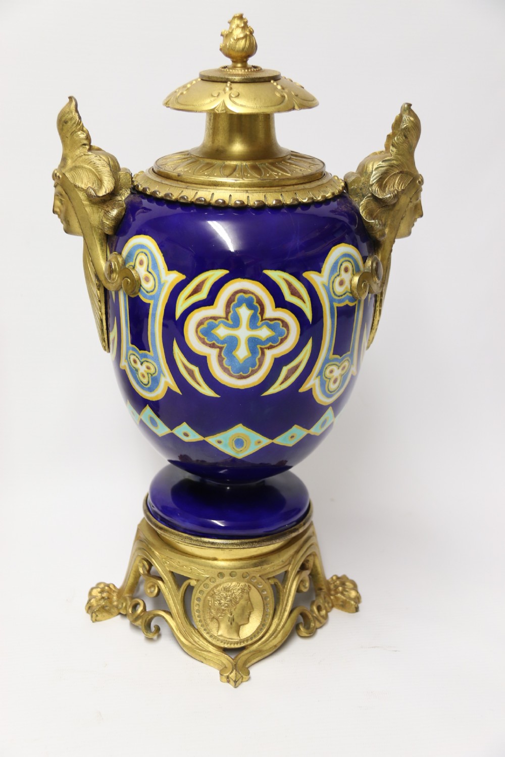 A superb pair of gilt bronze and pottery Aztec design vases/ urns View XXII