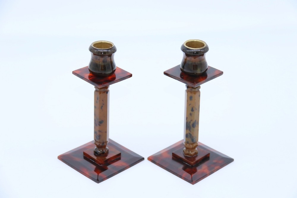 A pair of Art Deco tortoiseshell and clouded butterscotch Bakelite candlesticks View IV